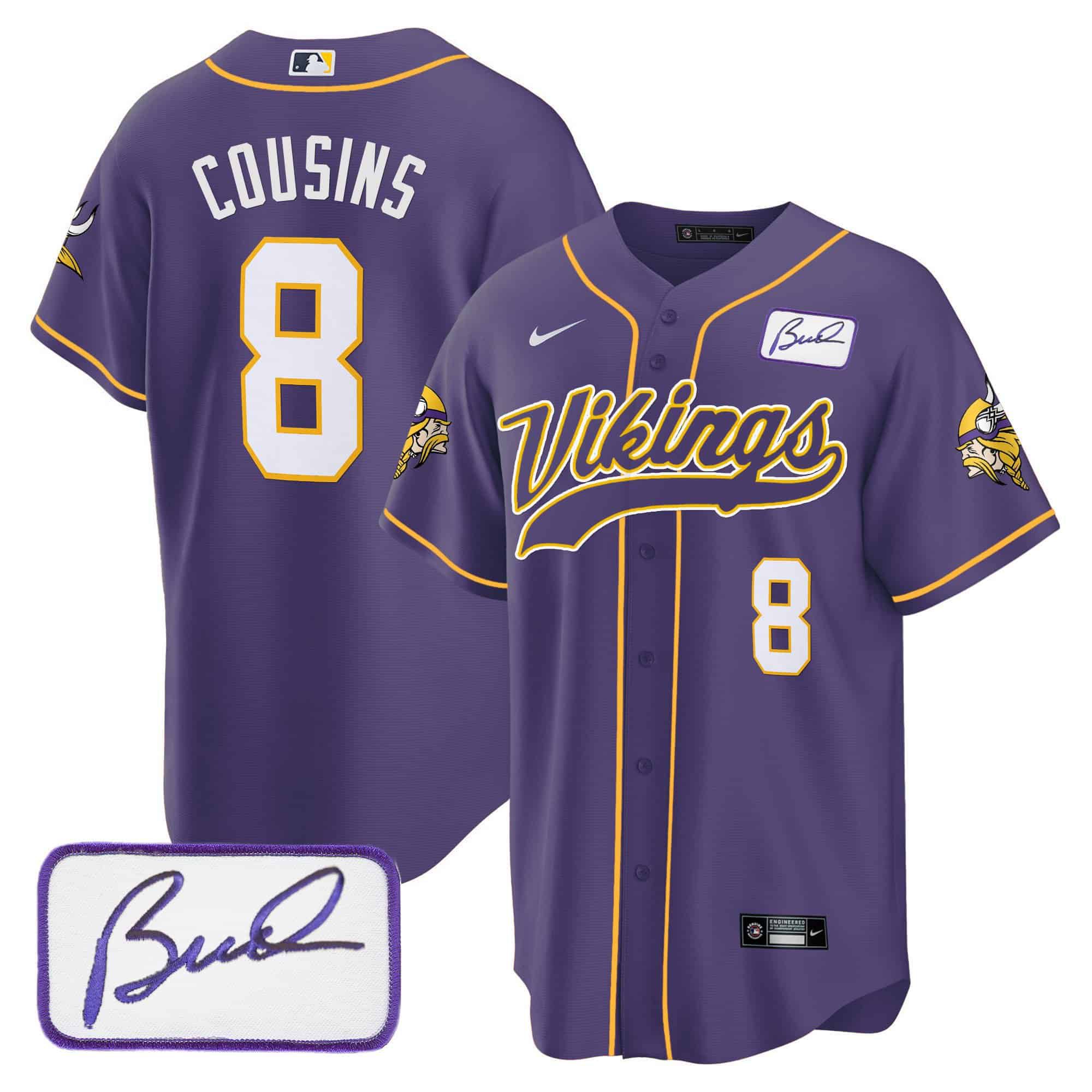 Men Minnesota Vikings 8 Cousins Purple 2024 Nike Bud Grant Patch Classic Baseball NFL Jersey style 1